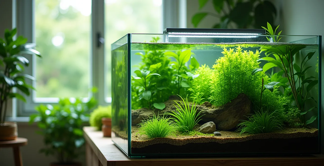 Aquarium naturel méthode Walstad avec plantes luxuriantes sans filtre
