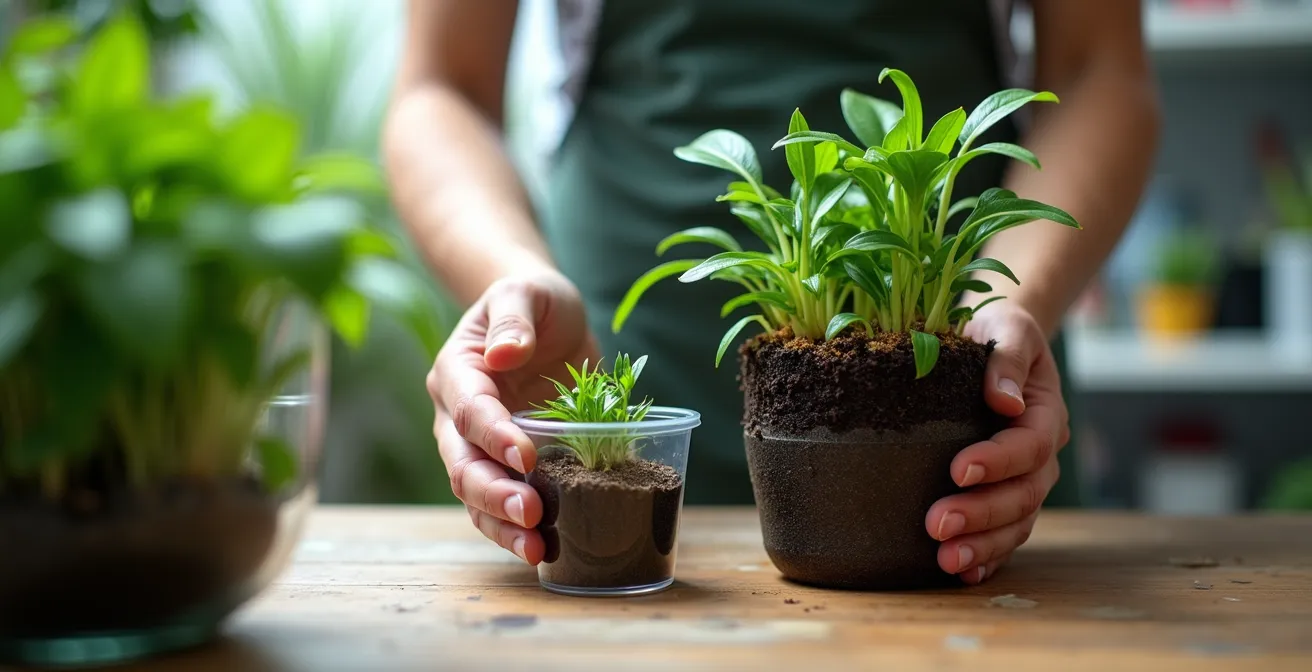 Comparaison visuelle entre petites plantes in-vitro et grandes plantes en pot